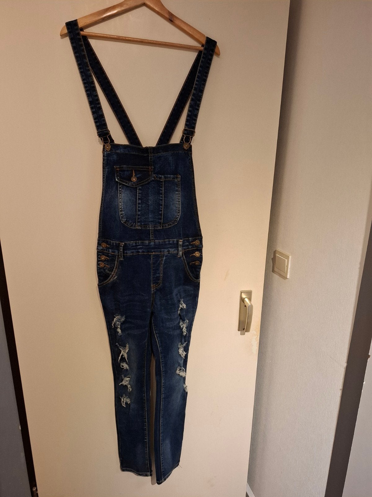 Stoere denim tuinbroek met gaten, maat M, Ophalen of Verzenden, Zo goed als nieuw, Blauw