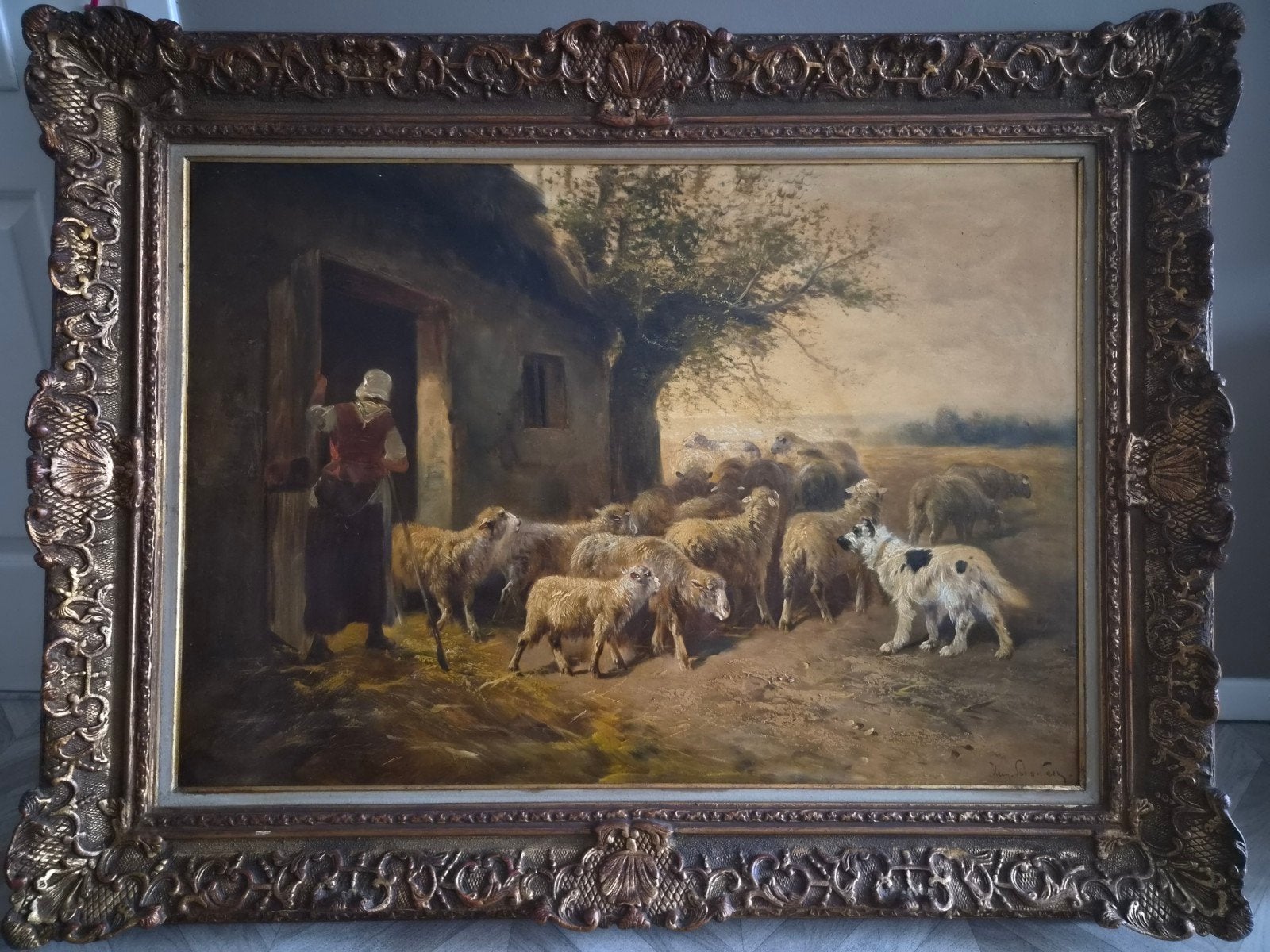 Olieverfdoek Henry Schouten - Boerentafereel met schapen, Ophalen, Doek, Realistisch, Dieren