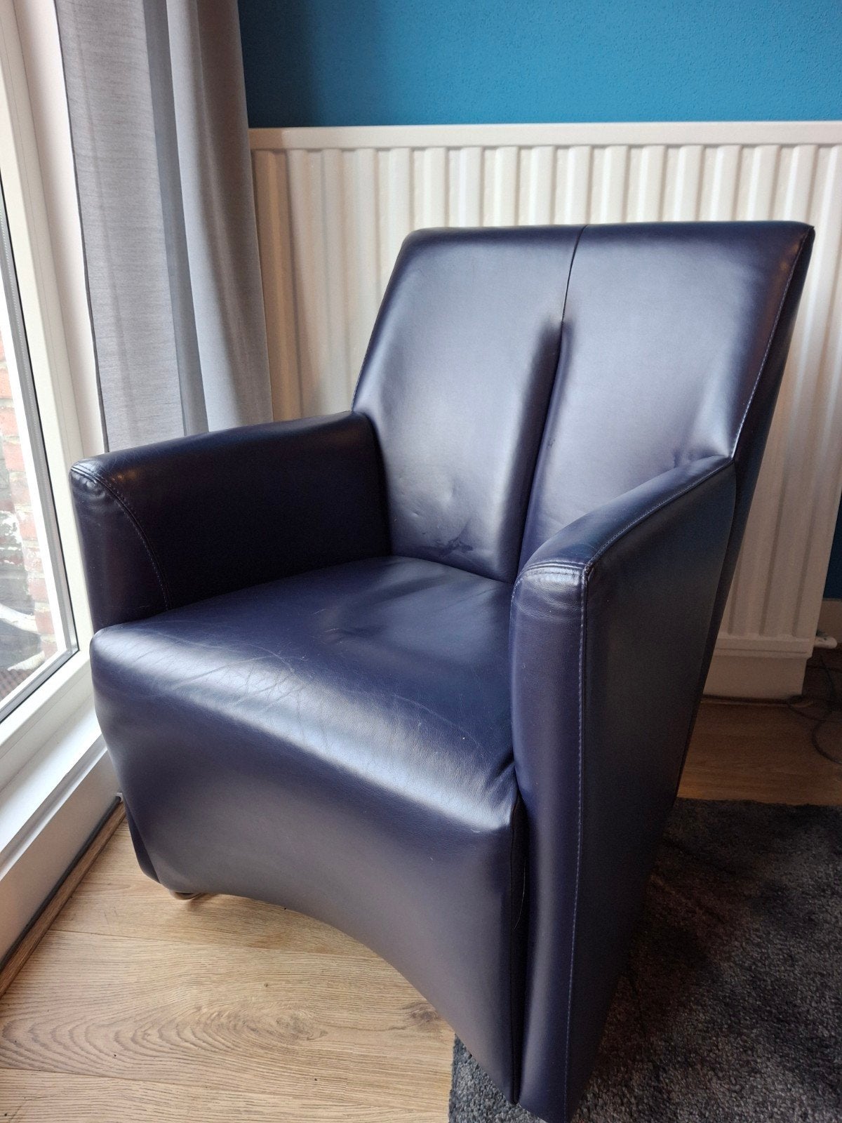 Leolux donker blauw fauteuil, Ophalen, Gebruikt, 50 tot 75 cm, Leer