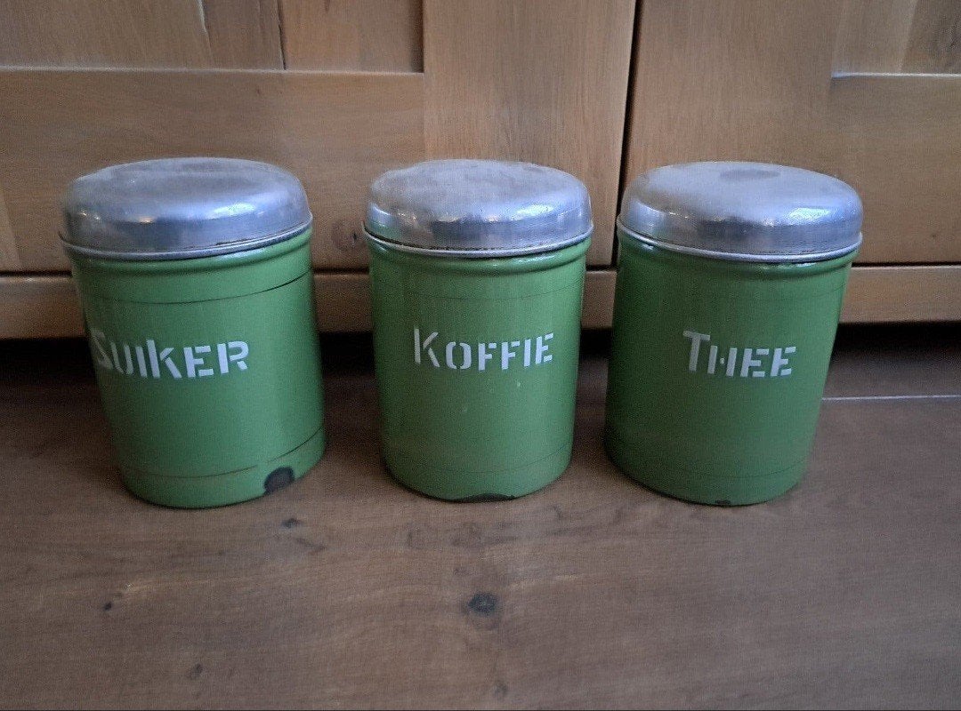 Set 3 vintage groene emaille bewaarbussen thee koffie suiker, Ophalen of Verzenden