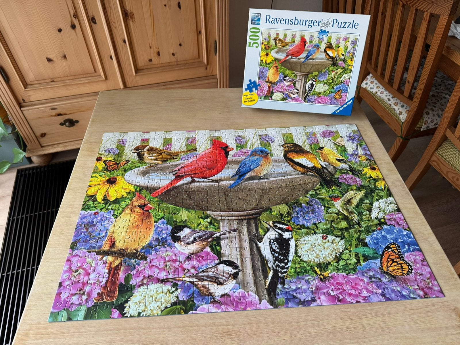 Puzzel “Bij het vogelbadje” (500 stukjes) Ravensburger, Ophalen, 500 t/m 1500 stukjes, Zo goed als nieuw, Legpuzzel