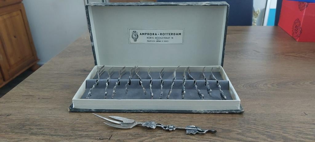 "12 vintage gebakvorkjes + serveervork Amphora Rotterdam - h, Ophalen of Verzenden
