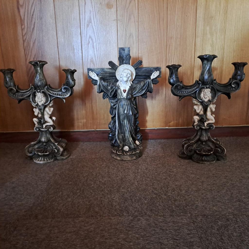 Set van 3 religieuze beelden: Jezus en kandelaars, Ophalen of Verzenden
