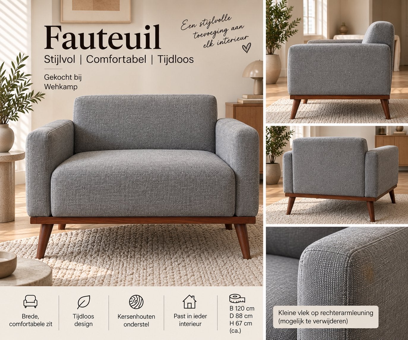 Ruime retro fauteuil grijs, Ophalen, Gebruikt, Eenpersoons, 75 tot 100 cm