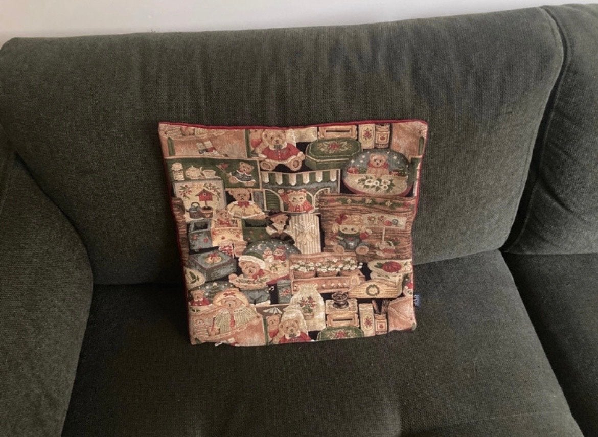 Vintage Jab Anstoetz Kussenhoes teddybeer 37x37cm, Overige merken, Meerkleurig, Met print, Ophalen of Verzenden