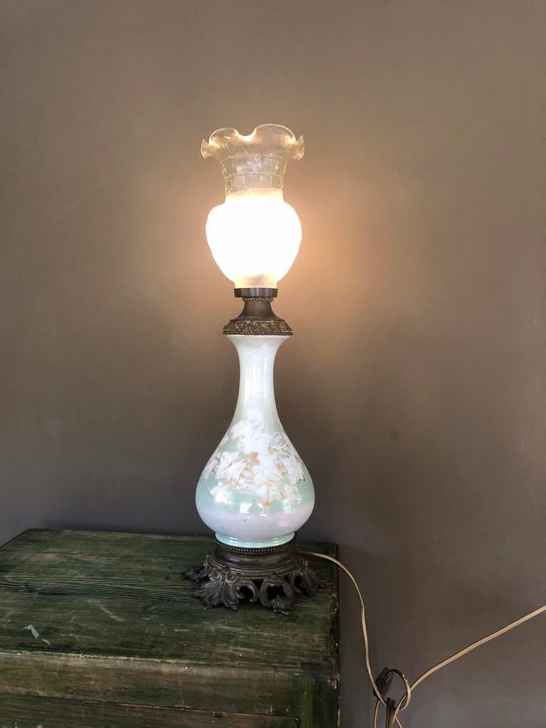 Antieke  Franse tafellamp, handbeschilderd, Ophalen of Verzenden