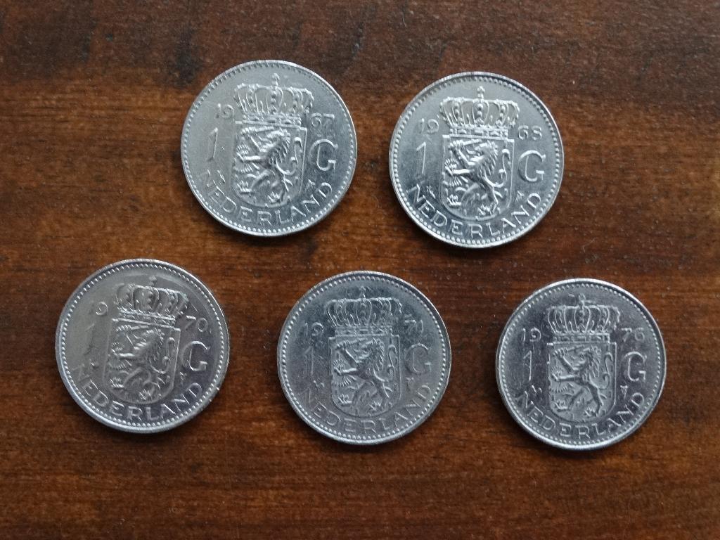 5 x Nederlandse gulden 1967 1968 1970 1971 1976, Verzenden, Koningin Juliana, 1 gulden, Losse munt