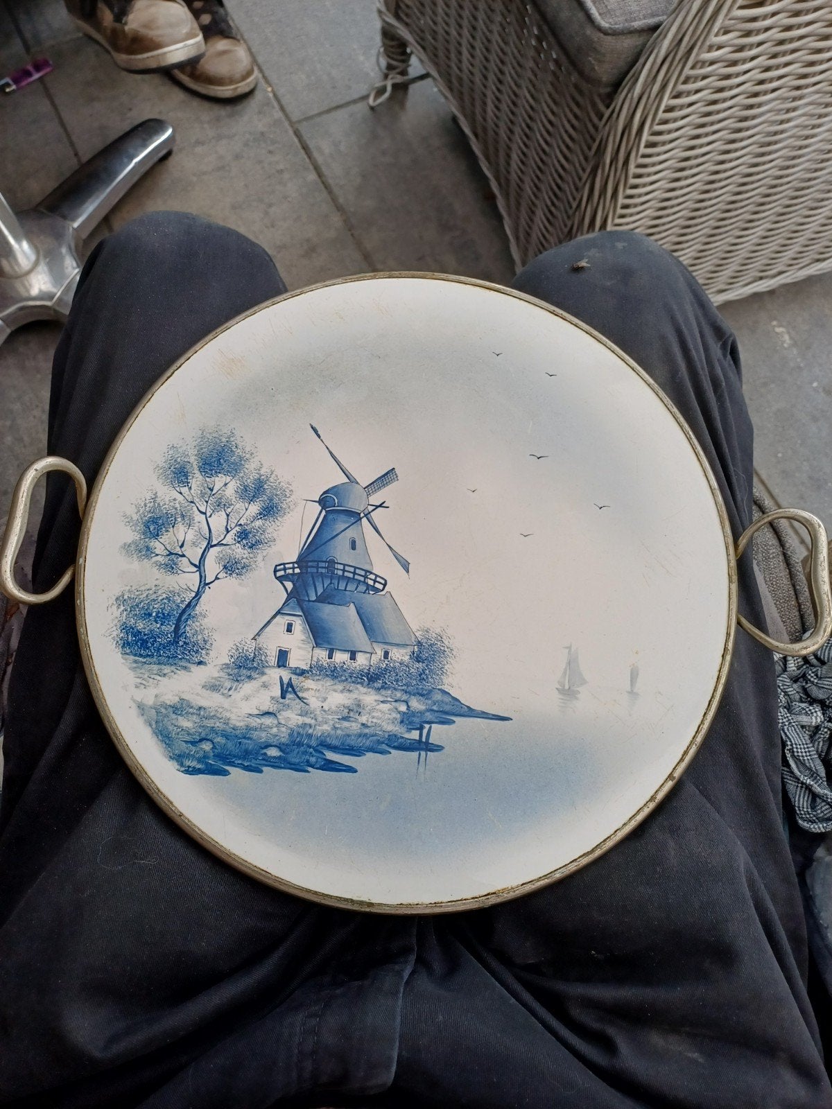 Oude gebaksschaal met Delfts blauw molen decoratie, Ophalen of Verzenden