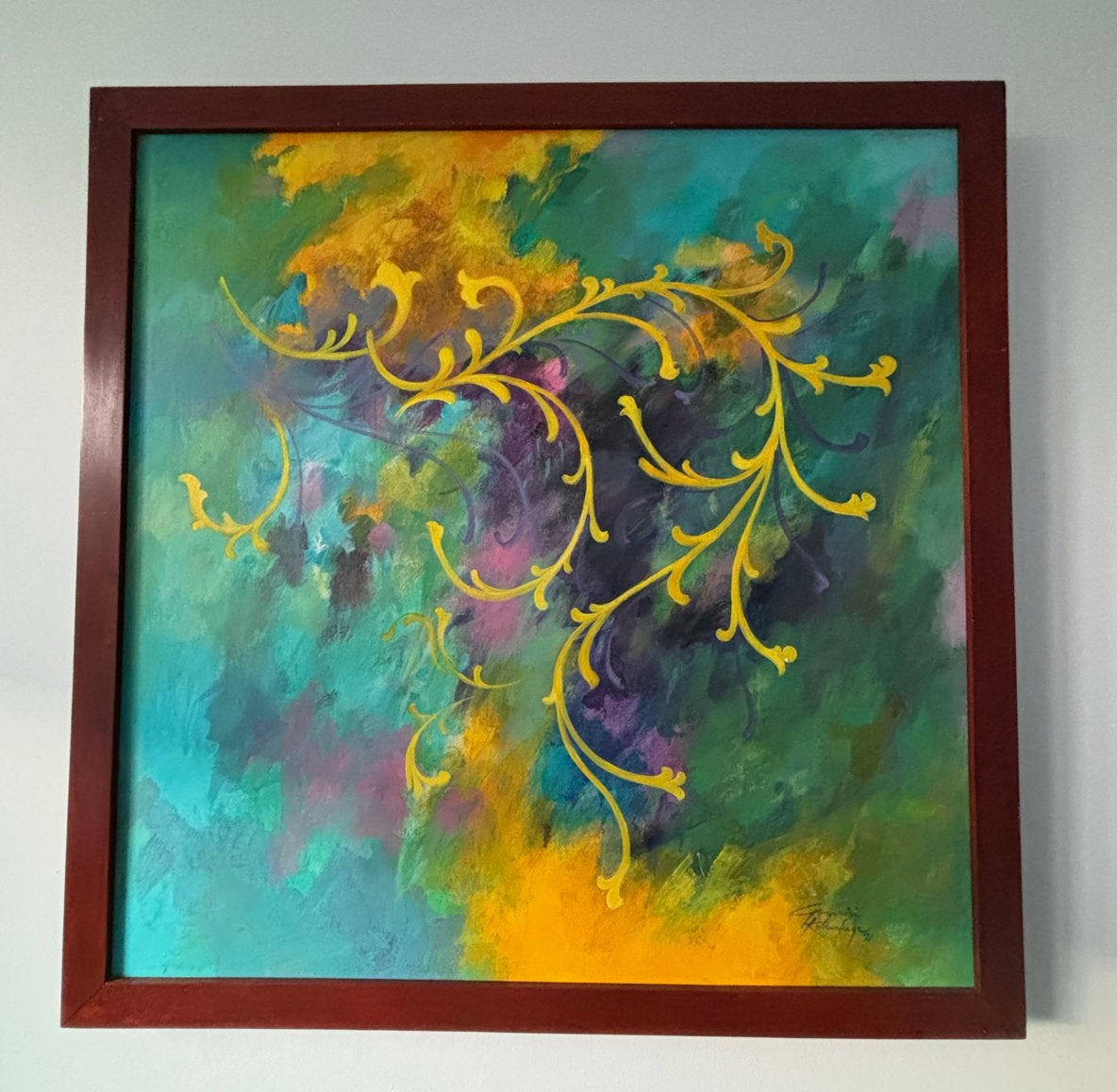 Abstract schilderij met levendige kleuren in mahonie lijst, Antiek en Kunst, Ophalen, Abstract, Acrylverf, Hout