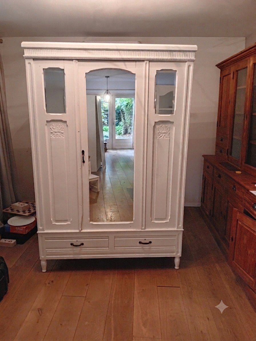 Antieke witte kledingkast met spiegel en laden, Huis en Inrichting, Kasten | Kledingkasten, Gebruikt, 100 tot 150 cm, 200 cm of meer