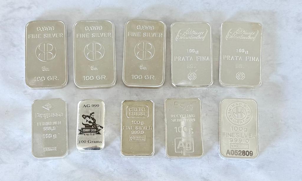 10x 100 gram zilver diverse smelters 999 zilver, Ophalen of Verzenden, Zilver