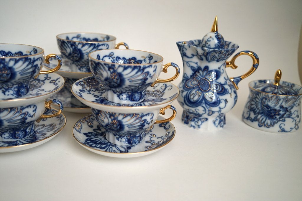 set lomonosov servies singing garden porselein goud blauw, Overige merken, Ophalen of Verzenden, Zo goed als nieuw, Overige stijlen