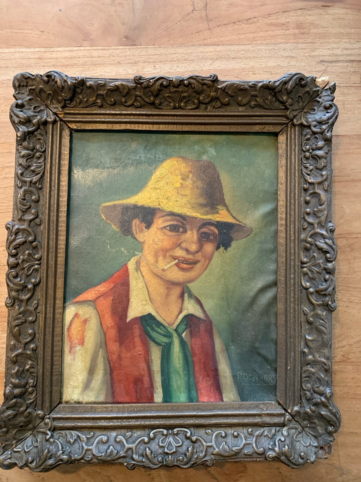 Schilderij P. Dankers - Portret met beschadigingen, Doek, Portret of Personen, Realistisch, Ophalen of Verzenden
