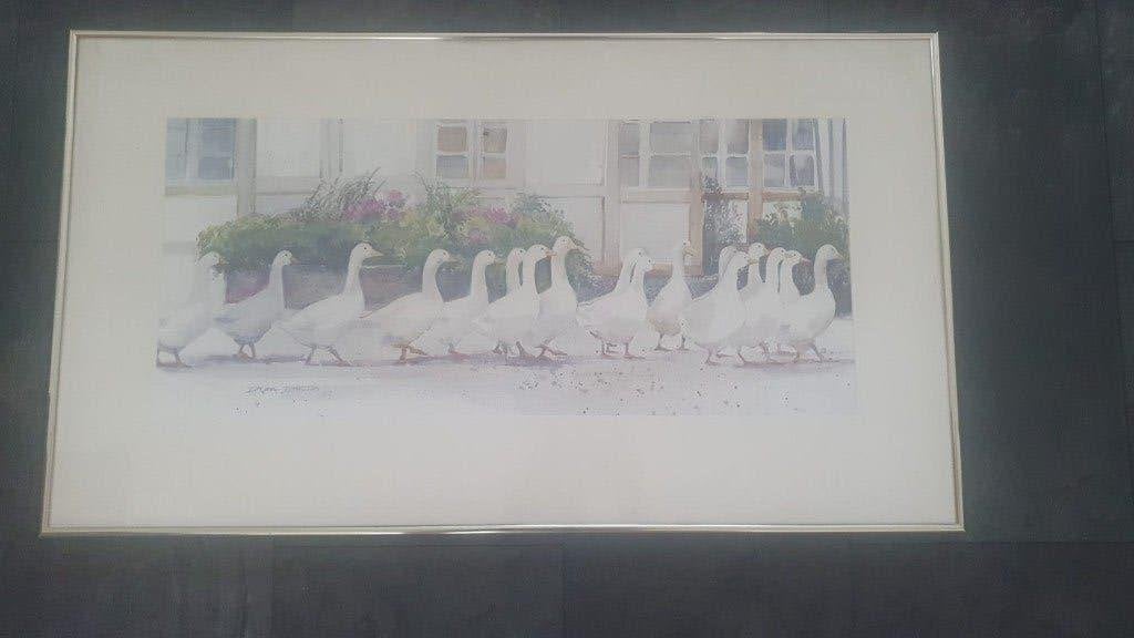 2 x aquarel met ganzen van Donna Barton, Ophalen, Ingelijst, Dieren, Aquarel