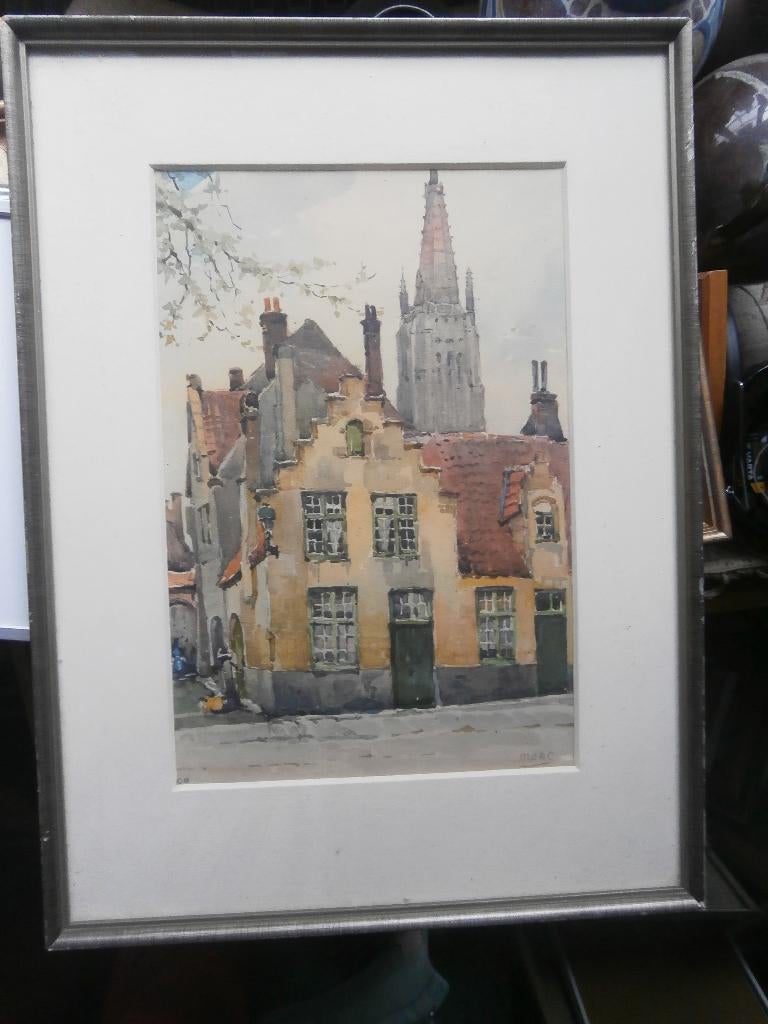 Brussel, Mooie Litho/aquarel OLV kerk en huizengroep, Ophalen of Verzenden