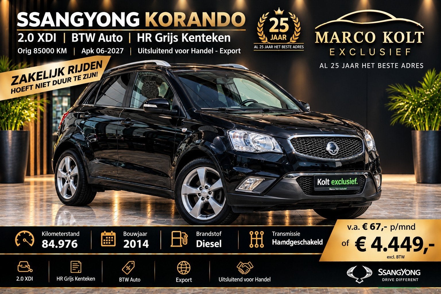 SsangYong Korando 2.0 XDI *BTW Auto* | HR Grijs Kenteken | O, Gebruikt, Korando, 4 cilinders, Zwart
