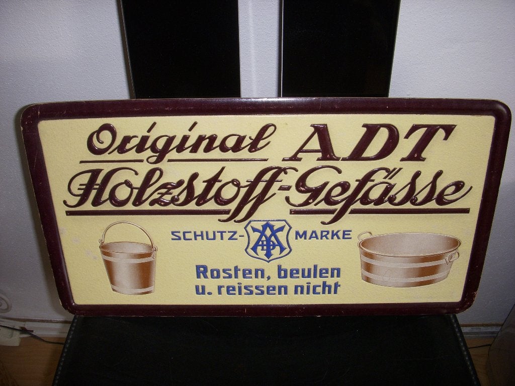 BIJZONDER reclamebord ADT houten vaten en emmers +/-1910, Ophalen of Verzenden, Gebruikt, Reclamebord