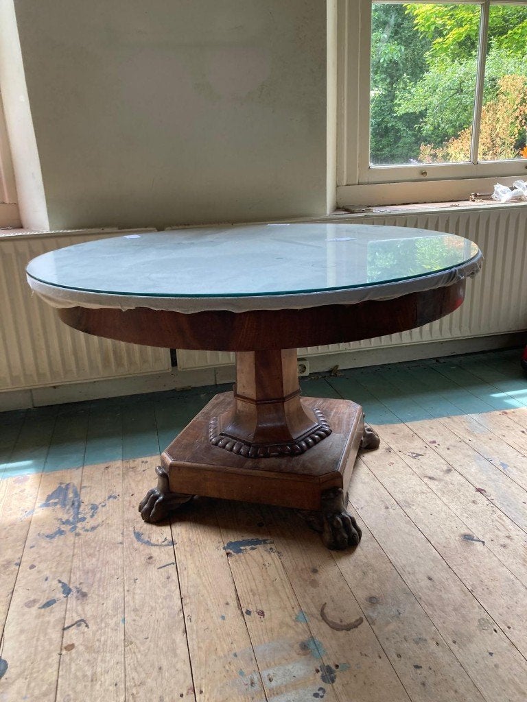 Antieke ronde houten tafel met glasplaat, Antiek en Kunst, Ophalen