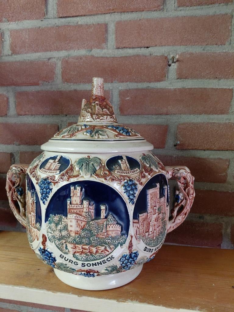 Ant. Bowlpot met deksel en kasteelafbeeldingen, Ophalen of Verzenden