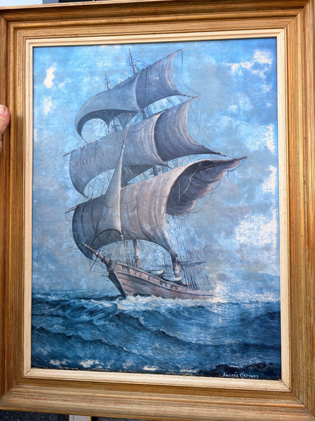 Schilderij Andres Orpinas - Zeilschip op woelige zee, Antiek en Kunst, Maritiem / water, Doek, Realistisch, Ophalen of Verzenden