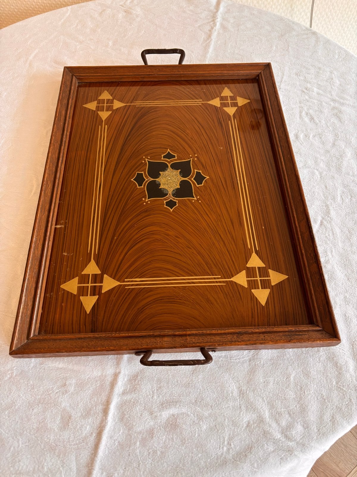 Art Deco houten dienblad met intarsia decoratie., Antiek en Kunst, Ophalen of Verzenden