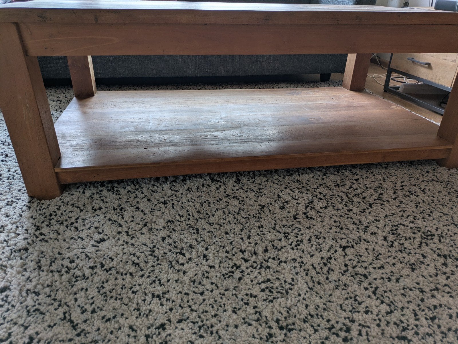 Robuuste teak houten salontafel met opbergplank, Ophalen, Gebruikt, 100 tot 150 cm, Rustiek, Robuust