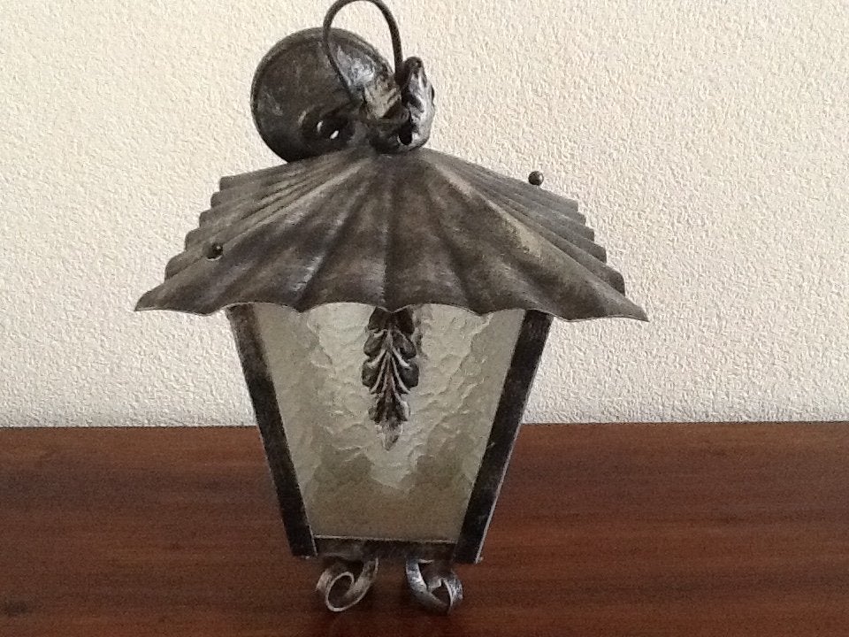 Vintage smeedijzeren hanglamp met gehamerd glas, Ophalen of Verzenden