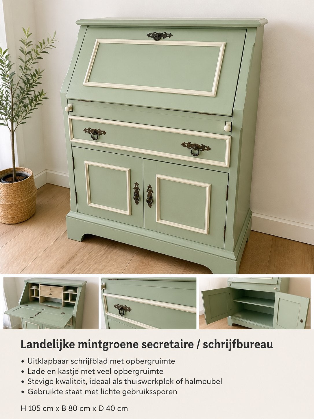Landelijke Vintage Secretaire Schrijfbureau Mintgroen, Ophalen, Gebruikt, Vintage