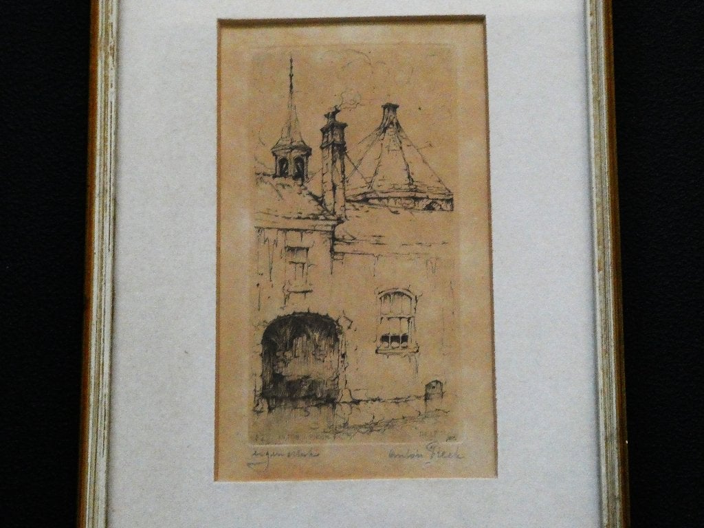Originele ets Anton Pieck St. Agathakapel te Delft ca. 1919, Antiek en Kunst, Kunst | Etsen en Gravures, Ets, Stadsgezicht, Ophalen of Verzenden