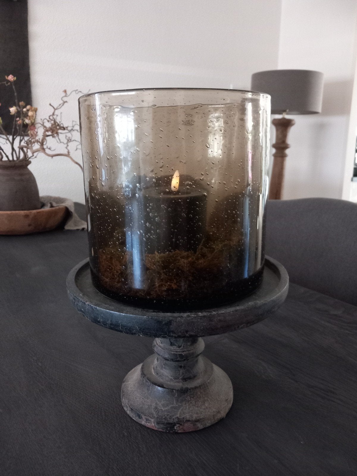 Windlicht op voet, Huis en Inrichting, Woonaccessoires | Kandelaars en Kaarsen, Ophalen, Zwart, Glas, Windlicht