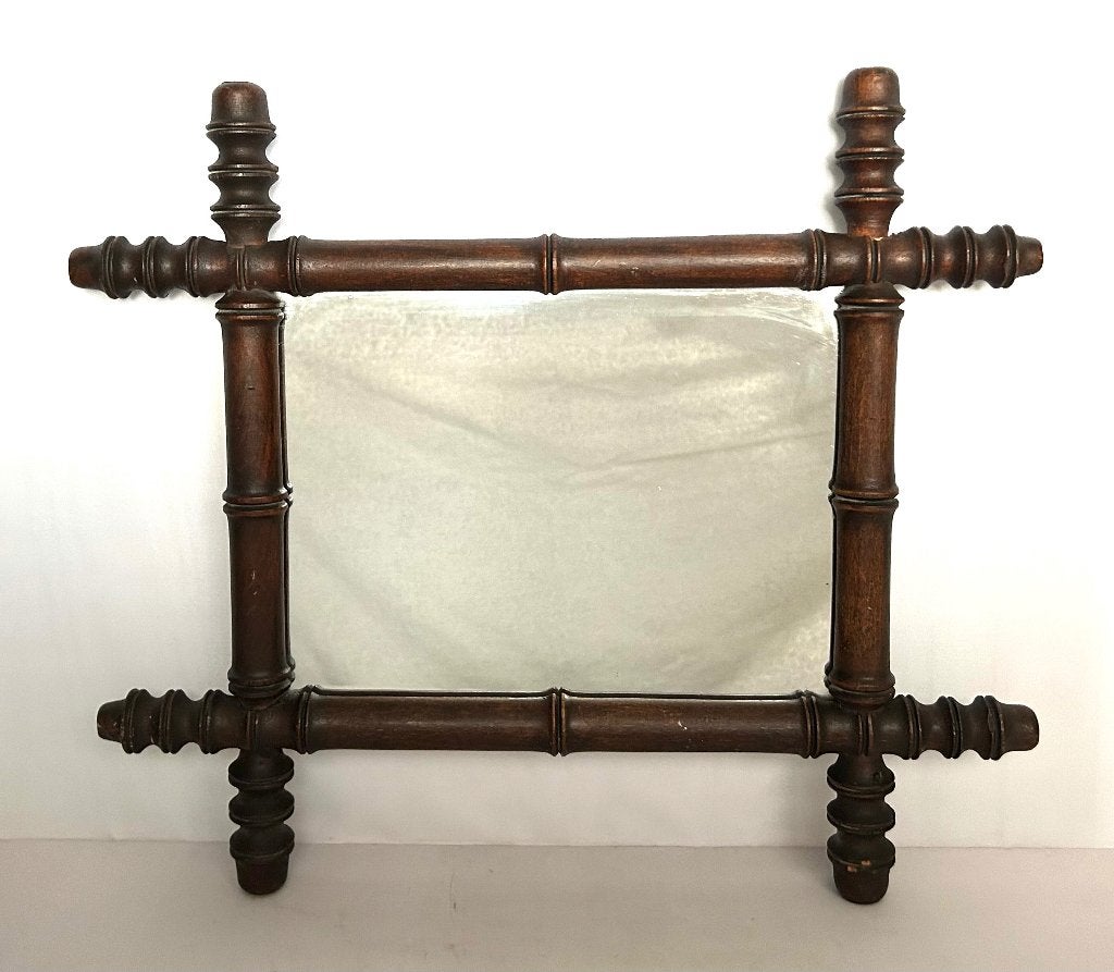 Antieke Houten Faux Bamboe Bambou Spiegel 43x38cm, Antiek en Kunst, Ophalen of Verzenden, Rechthoekig