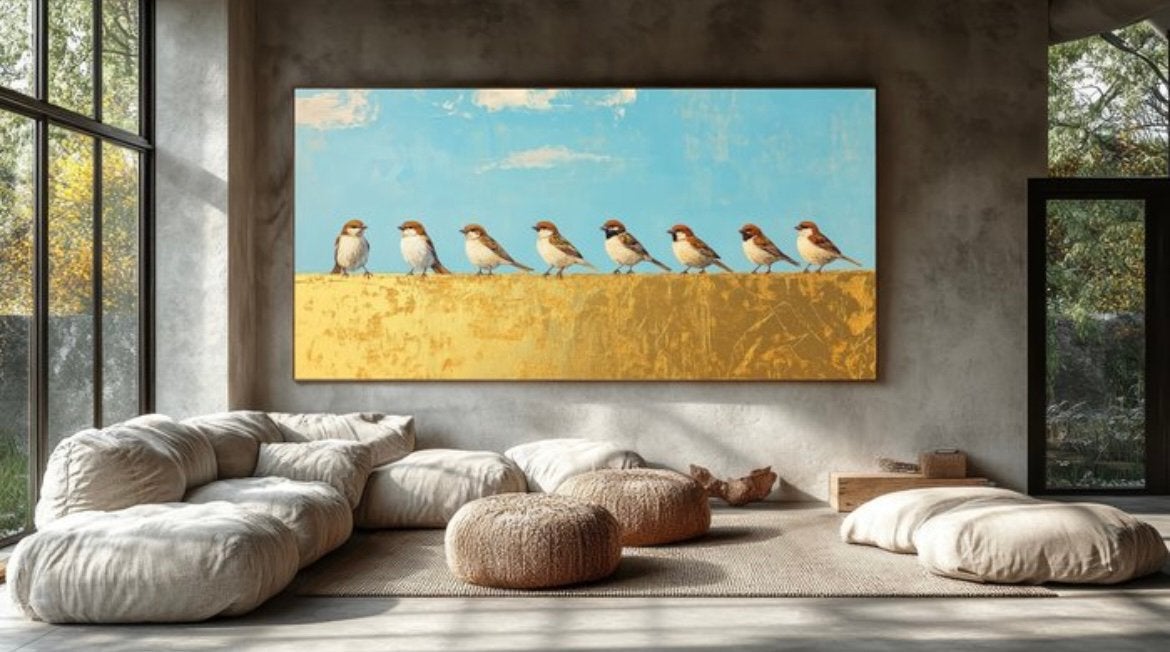 Nieuw schilderij mussen formaat 100 x 180, Giclée, 3D-effect, Ophalen of Verzenden, Dieren