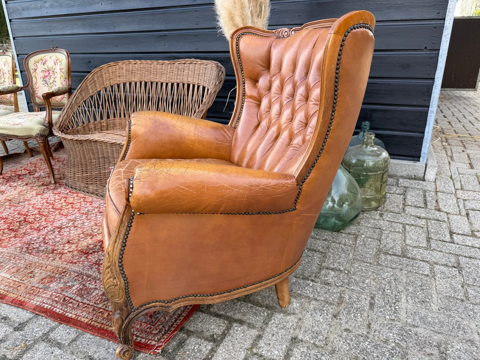 Vintage Leren Fauteuil - Chesterfield Stijl, Ophalen of Verzenden