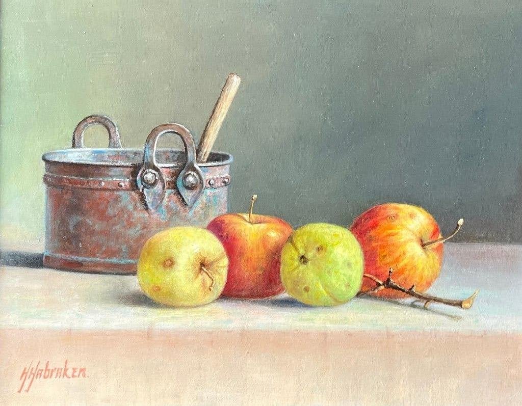 Oude pan en appels op tafel. Hans Habraken., Paneel, Stilleven, Ophalen of Verzenden, Olieverf