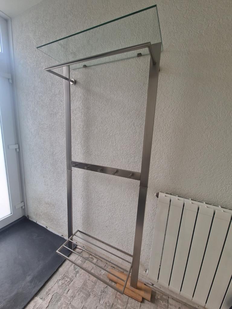 Moderne RVS kapstok met glazen plank en schoenenrek, Wandkapstok, Gebruikt, Ophalen of Verzenden, Metaal