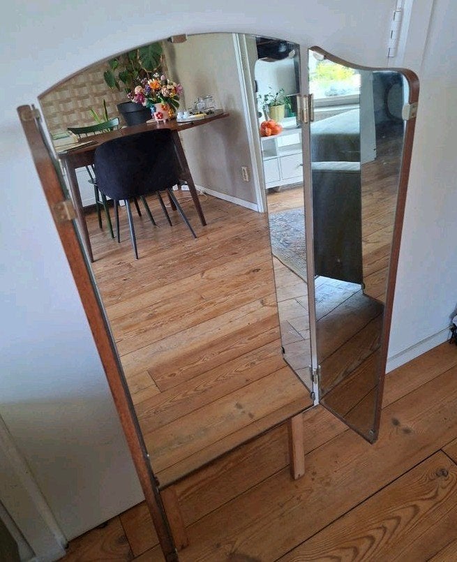 Vintage drieluik spiegel met houten frame, Ophalen, Overige vormen, 50 tot 100 cm, 100 tot 150 cm
