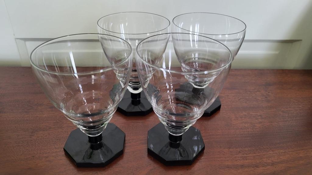 Art Deco Wijn/Waterglazen zwart achthoekige voet, Antiek en Kunst, Antiek | Glas en Kristal, Ophalen of Verzenden