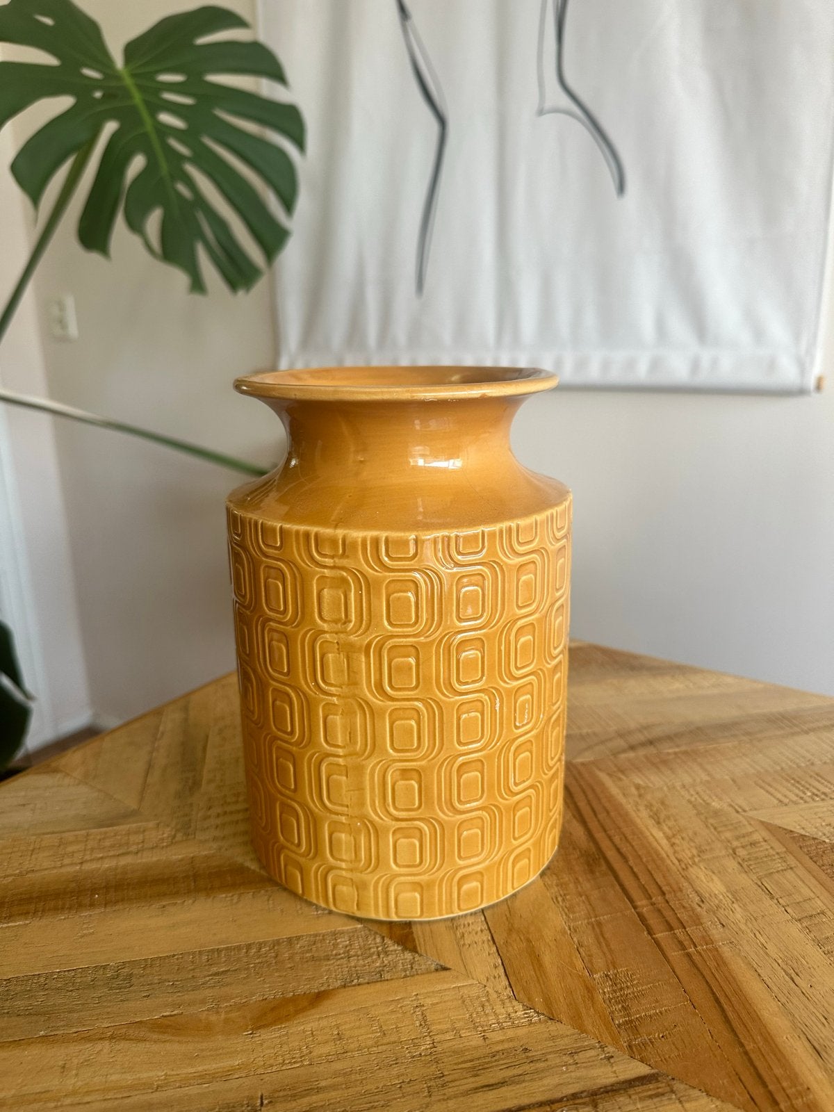 Vintage oranje keramische vaas met geometrisch patroon, Ophalen
