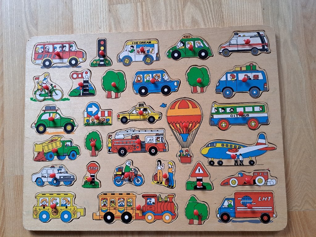 vintage houten voertuigen puzzel, Ophalen, 10 tot 50 stukjes, Gebruikt, 2 tot 4 jaar