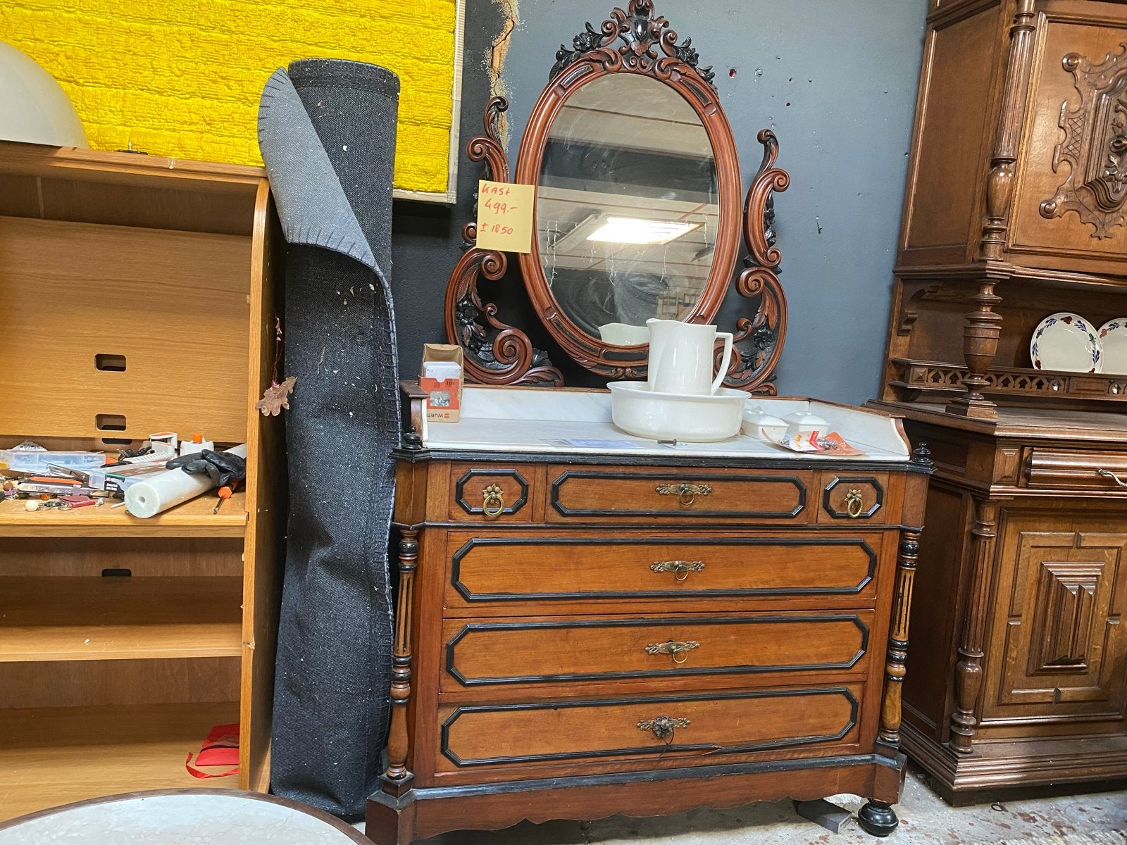 Commode antiek met verstelbare spiegel en marmeren blad, Antiek en Kunst, Ophalen, Ovaal