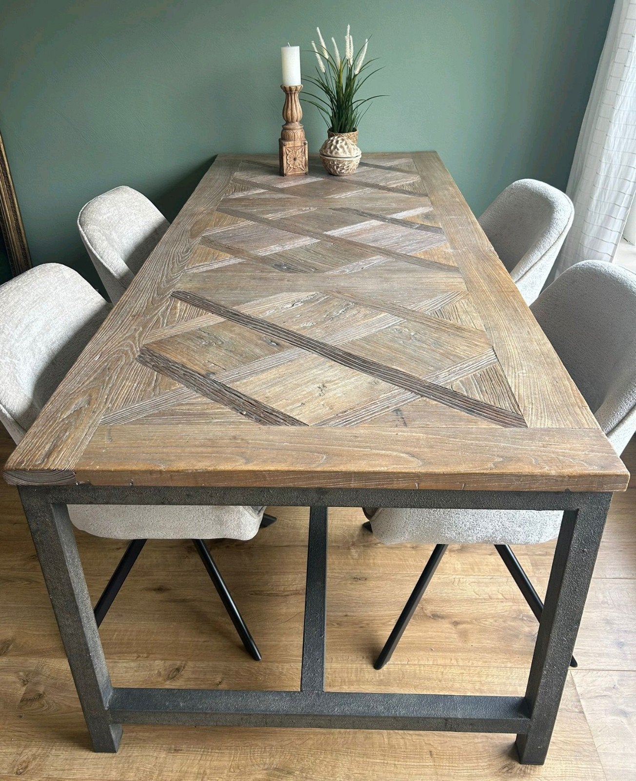 Prachtige grote eettafel van drijfhout (2.22 mtr lang), Ophalen, 200 cm of meer, 50 tot 100 cm, Zo goed als nieuw