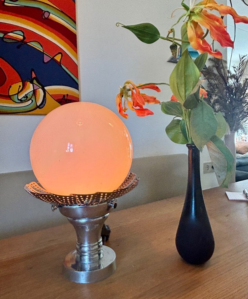 Tafellamp "Bloem", Huis en Inrichting, Lampen | Tafellampen, Zo goed als nieuw, Glas, Metaal, E27 (groot), Dimbaar, Inclusief lichtbron