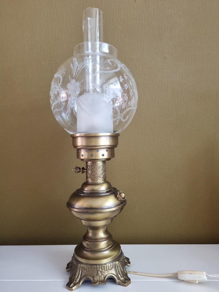 Antieke olielamp - Messing met geëtst glas, Ophalen