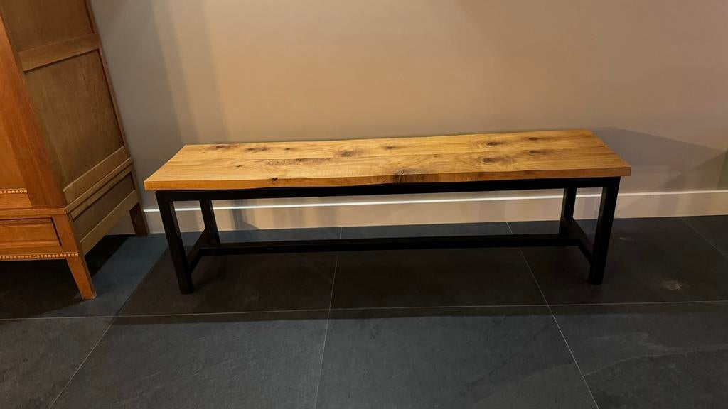 Eettafel bank met leren kussens en eiken zitting, Ophalen, Gebruikt, Overige kleuren, Hout