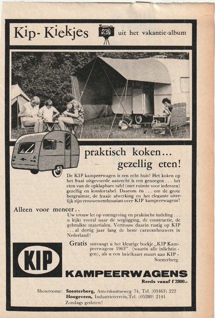 Retro reclame 1963 Kip caravans gezellig op de camping, Verzenden, Overige typen