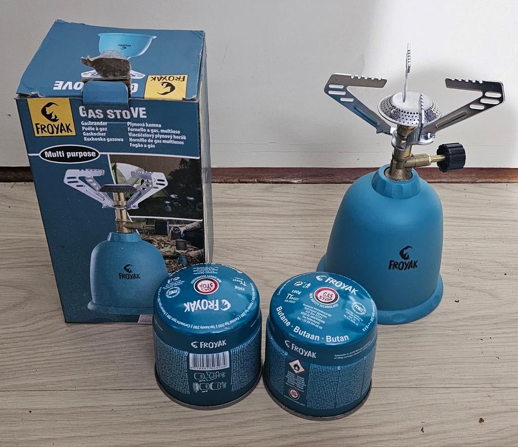 Nieuwe Froyak kampeer kooktoes met 2 Gasbussen -, Caravans en Kamperen, Kampeeraccessoires, Ophalen of Verzenden, Nieuw