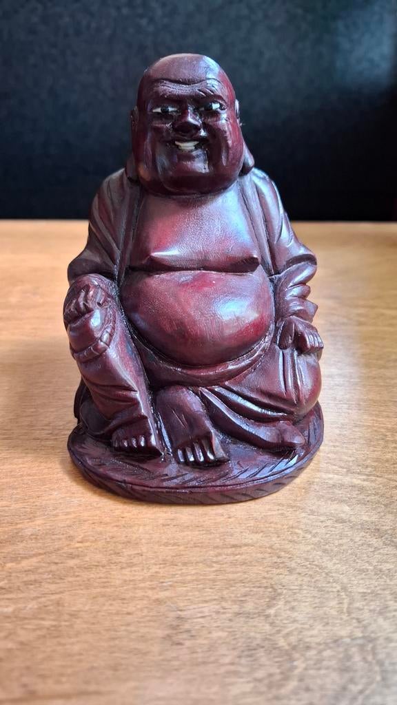 vintage rood hout lachende boeddha jaren 60 beeldje, Ophalen of Verzenden