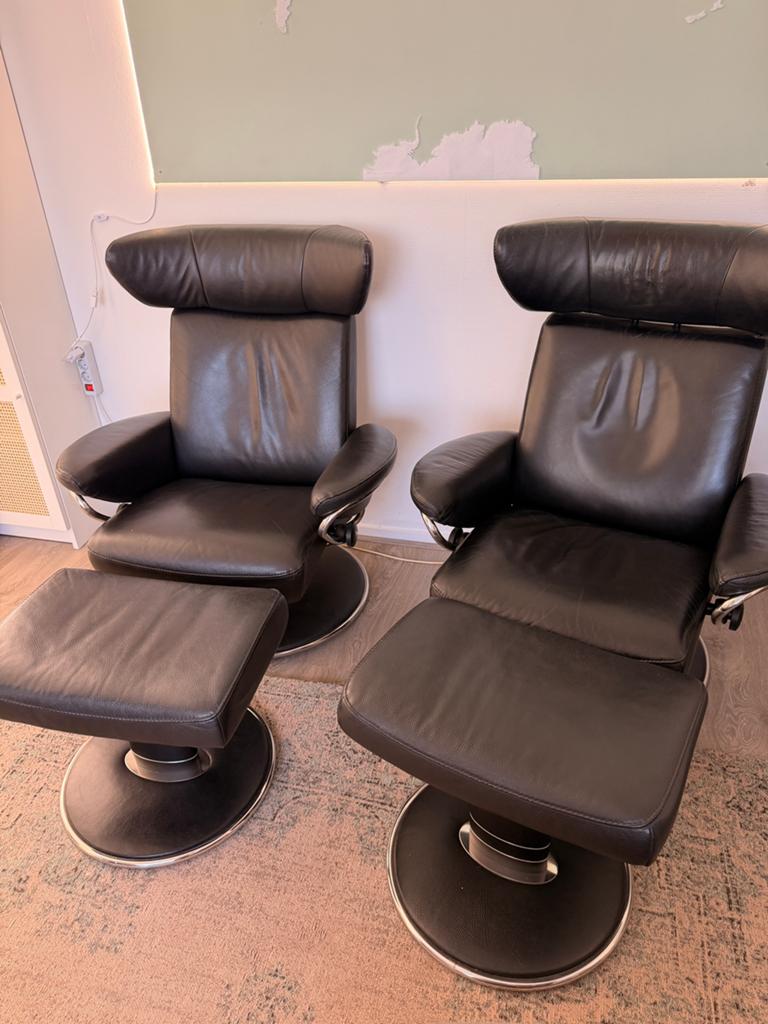 Set Stressless Jazz zwarte leren relax fauteuils draaibaar, Huis en Inrichting, Fauteuils, Ophalen, Minder dan 75 cm, Leer, Zo goed als nieuw