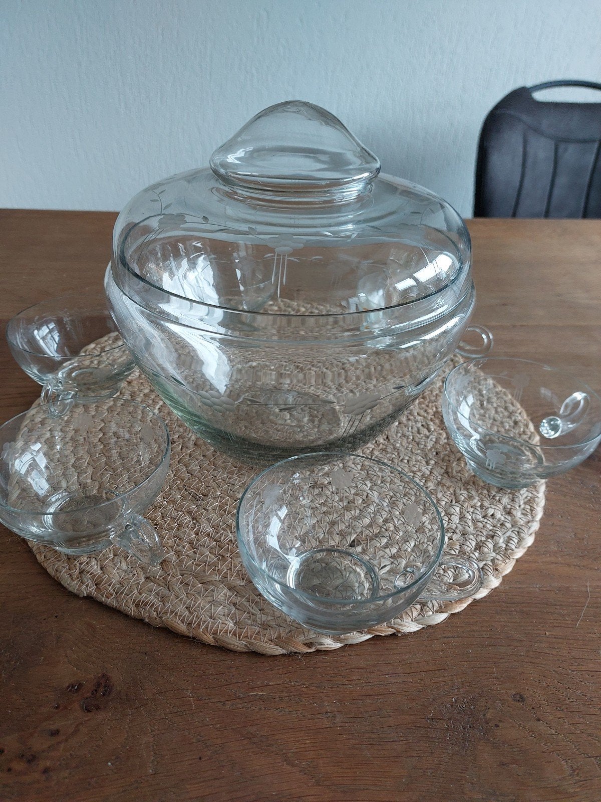 Vintage Glazen Punch Bowl Set met 6 Kopjes, Ophalen of Verzenden