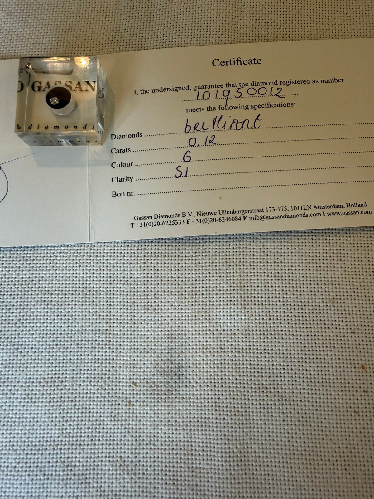 Diamantje 0,12 gram met certificate/GASSAN, Ophalen of Verzenden, Nieuw